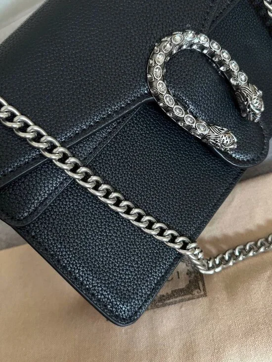 Black Dionysus Style Small Chain Bag Textured Leather Silver Hardware - Picture 3 of 9
